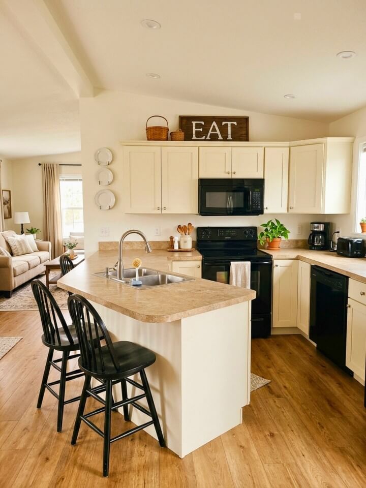 soft white walls that brighten a mobile home kitchen