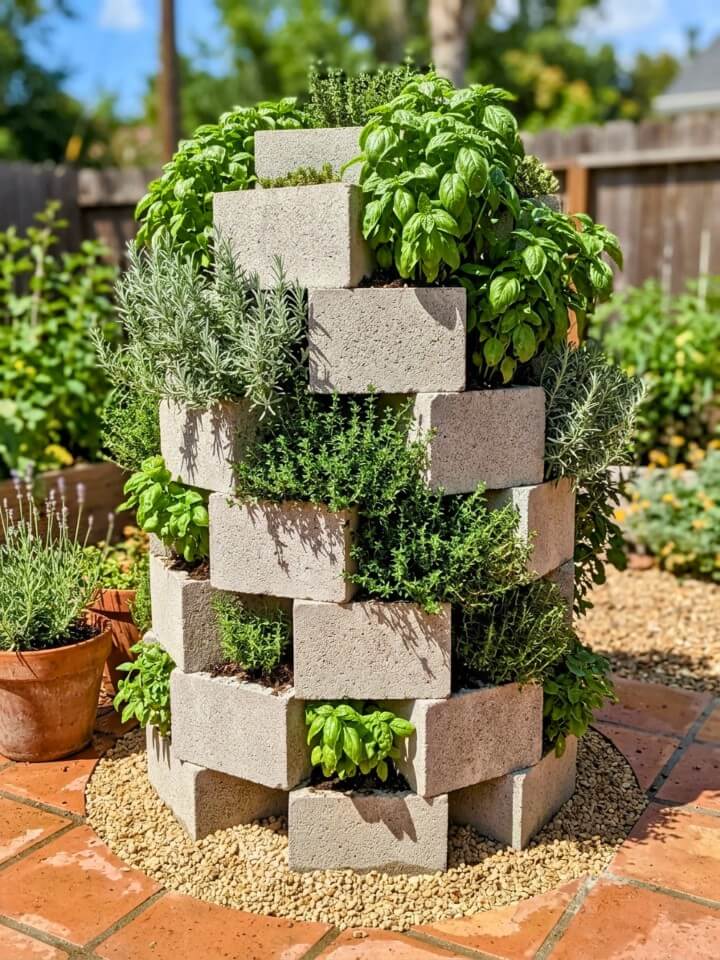 spiral herb tower built with cinder blocks