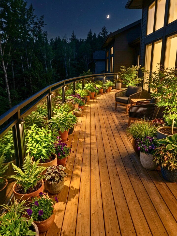 spotlights built into the deck to showcase plants