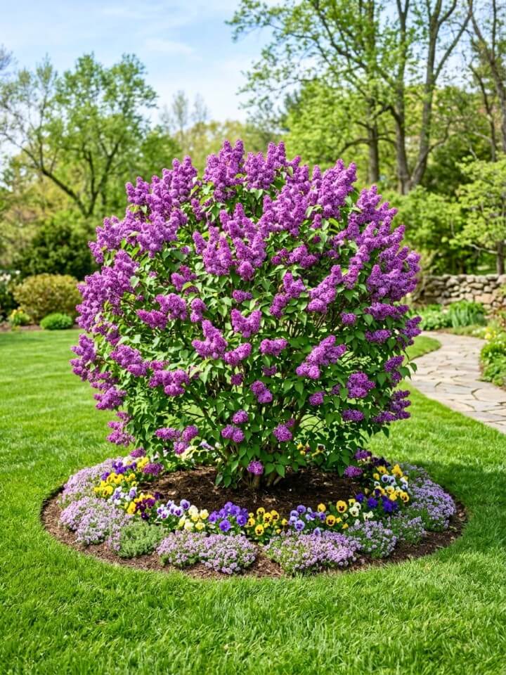 spring garden focal point with a blooming shrub