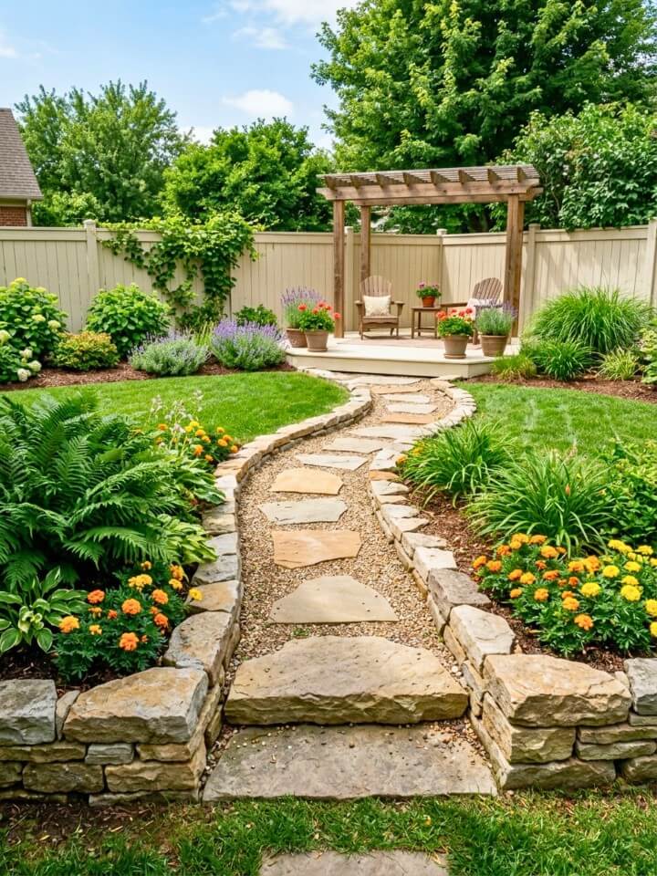stacked stone garden path with layered design