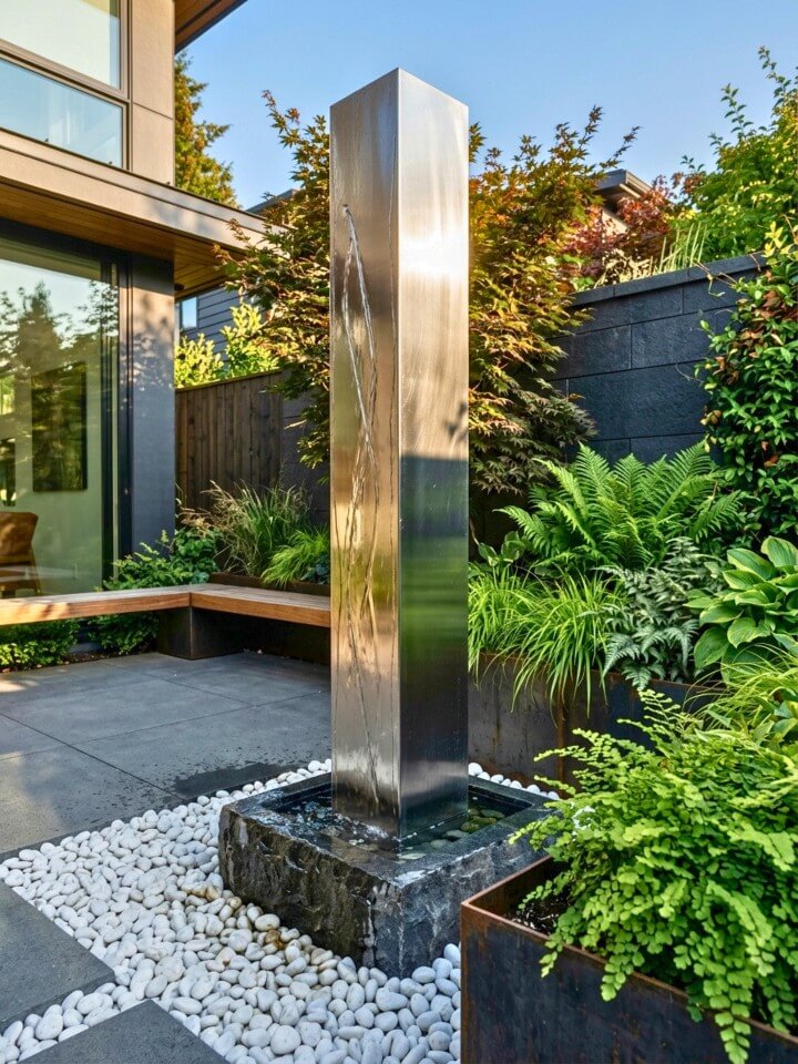 stainless steel column fountain on modern patios