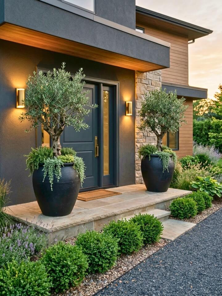 statement planters at a stylish front entry