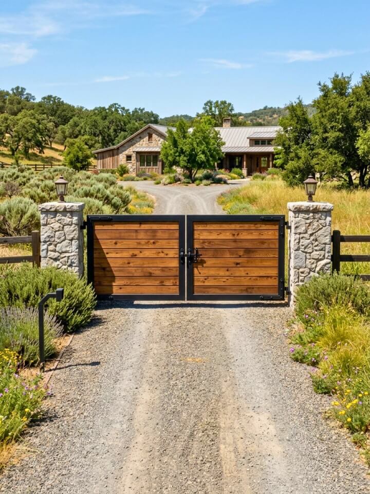 steel frame gate with wooden infill panels