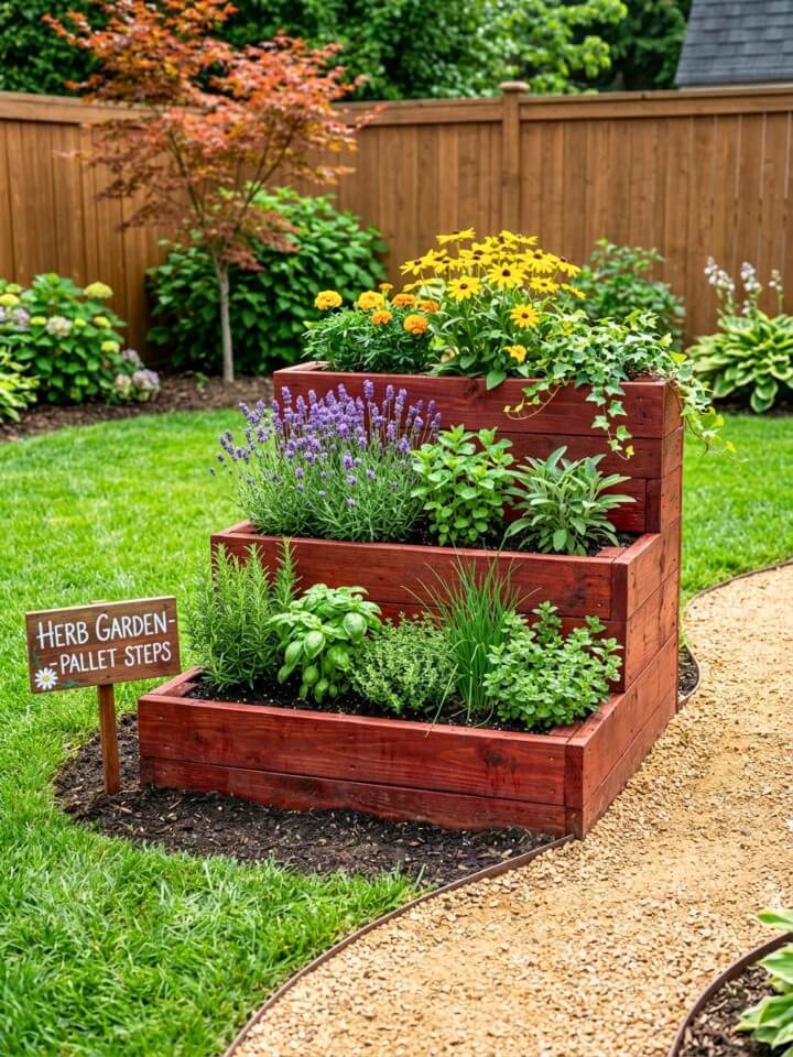 stepped levels pallet flower bed