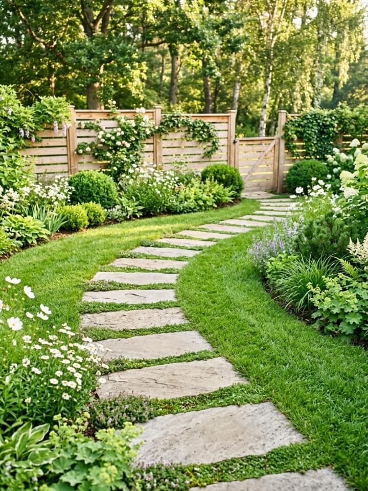 stepping stone garden path through soft greenery