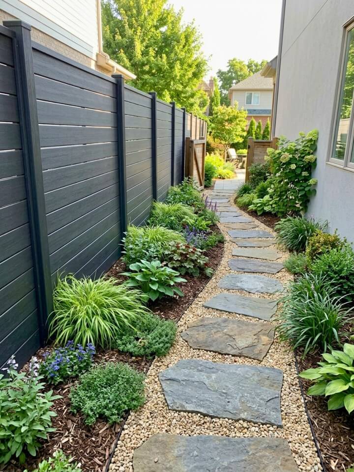 stepping stone path ideas along a fence