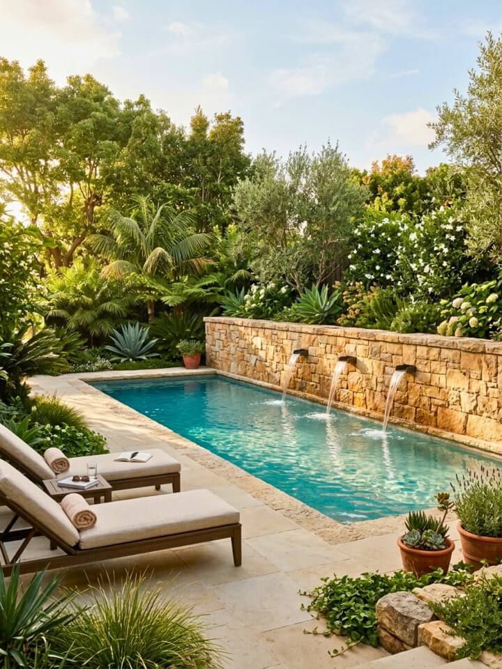 stone fountain wall for pool privacy