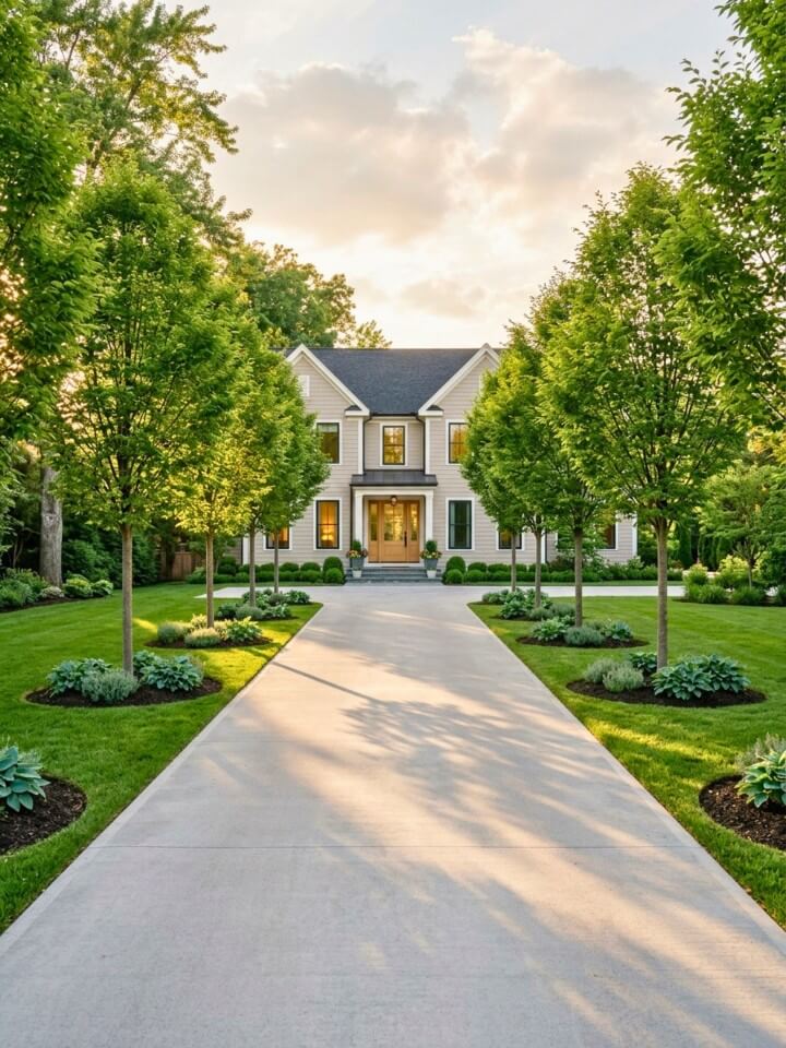 straight driveway lined with ornamental trees