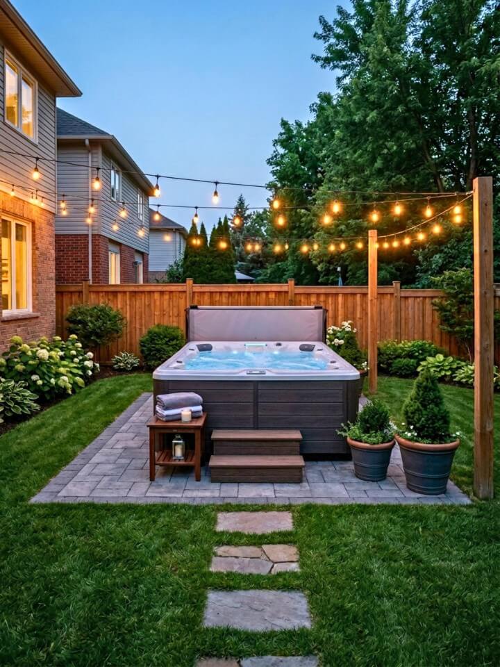 string lights for an above ground swim spa patio