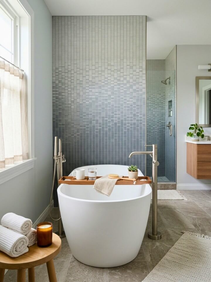 subtle gradient mosaic wall behind the tub in elegant bathroom