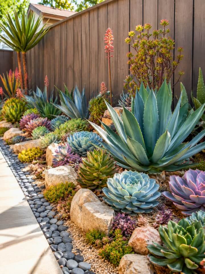 succulent garden beside a fence line