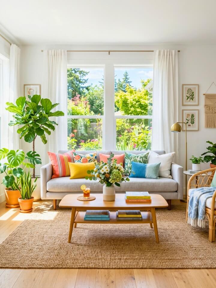 summer home décor with colorful throw pillows