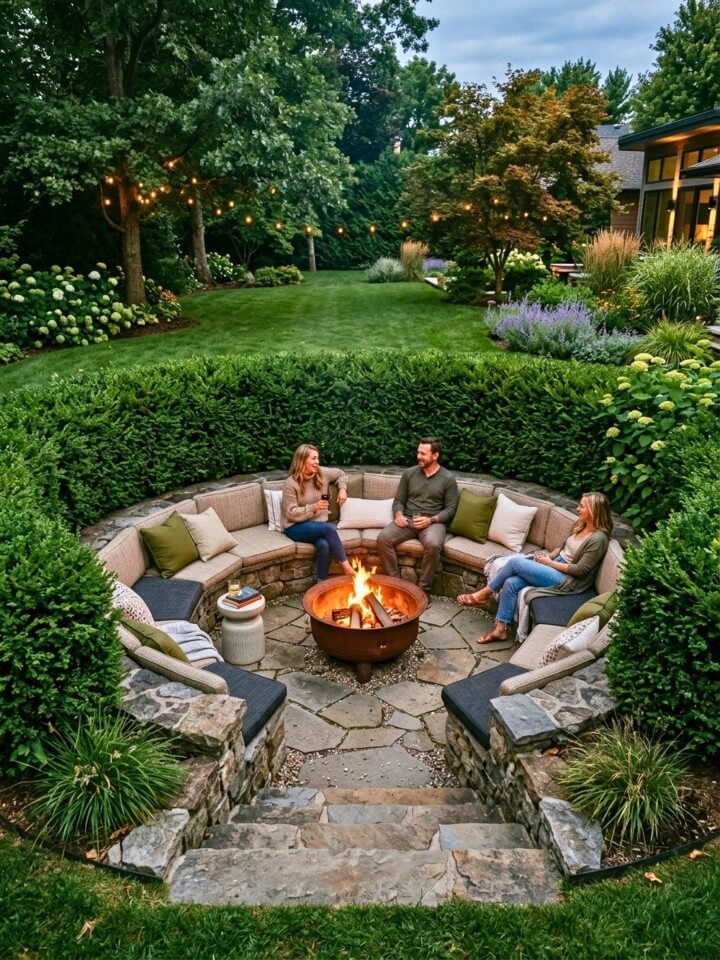 sunken conversation pit with hedge screening
