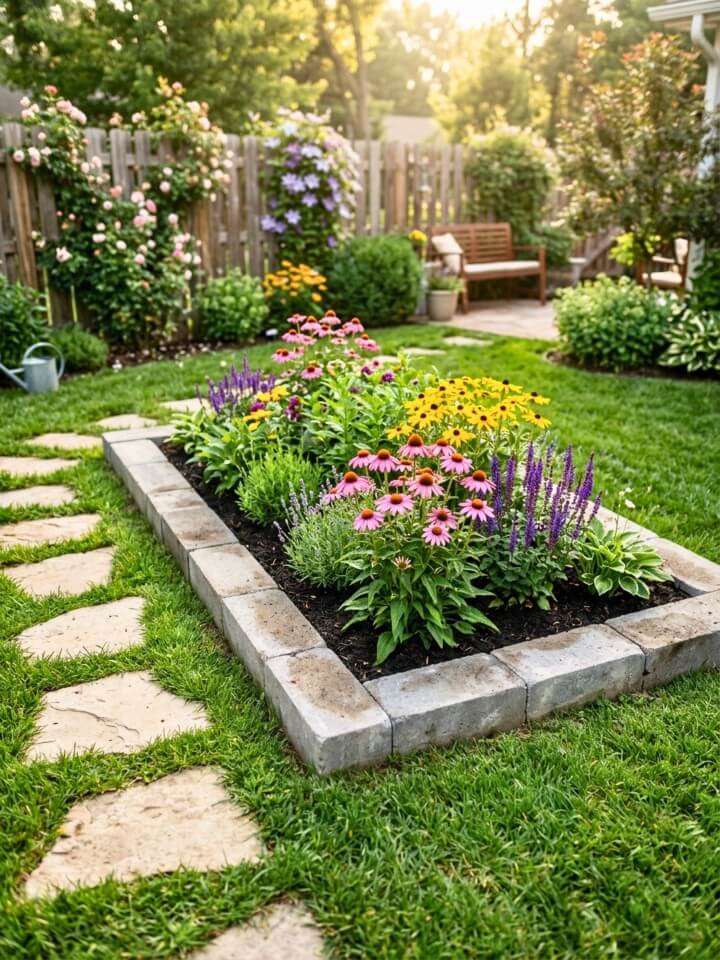 sunken flower bed with cinder blocks for cozy corners