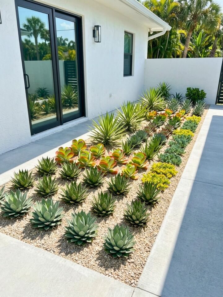 sunny courtyard with succulent beds