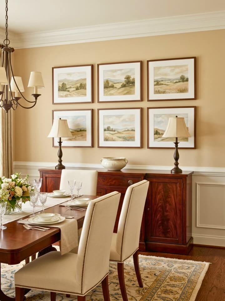 symmetrical picture wall above a buffet