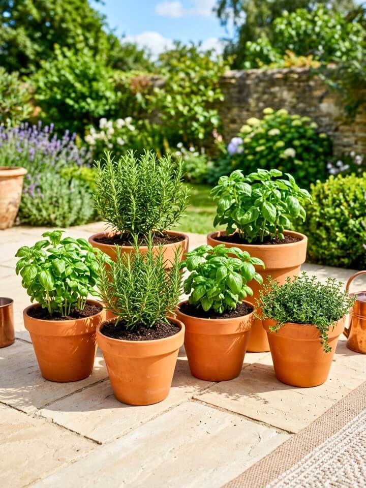 terracotta pot array herb garden