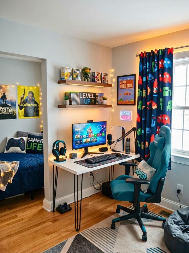 themed curtains or window treatments for gaming spaces