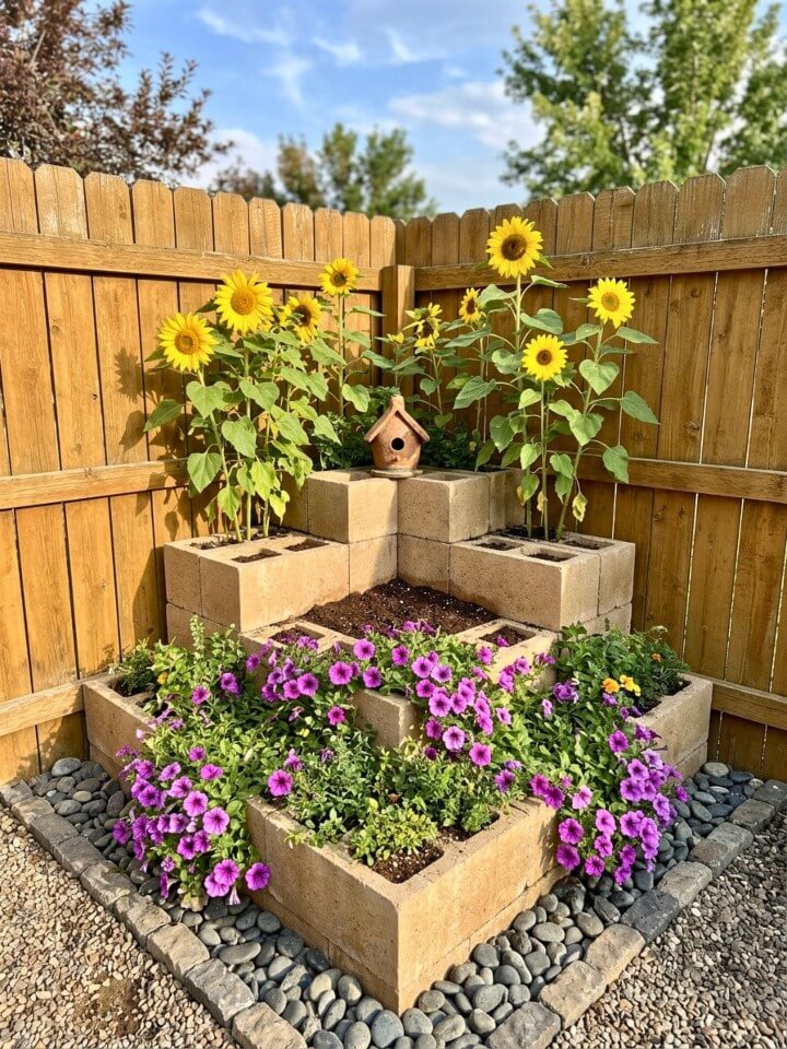 tiered corner planter with cinder blocks for vertical layers