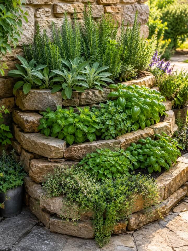 tiered stone planters for herb garden