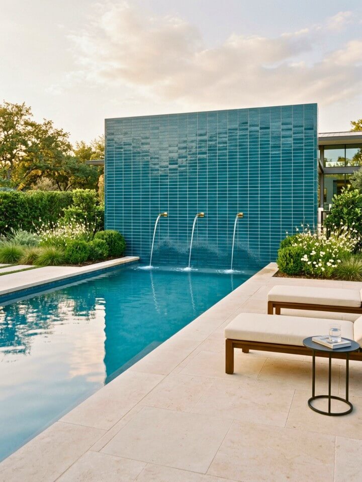 tile accent wall behind a backyard pool