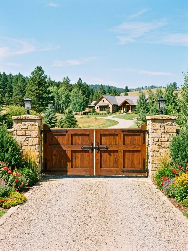 timber gate between stone pillars for a grand entry