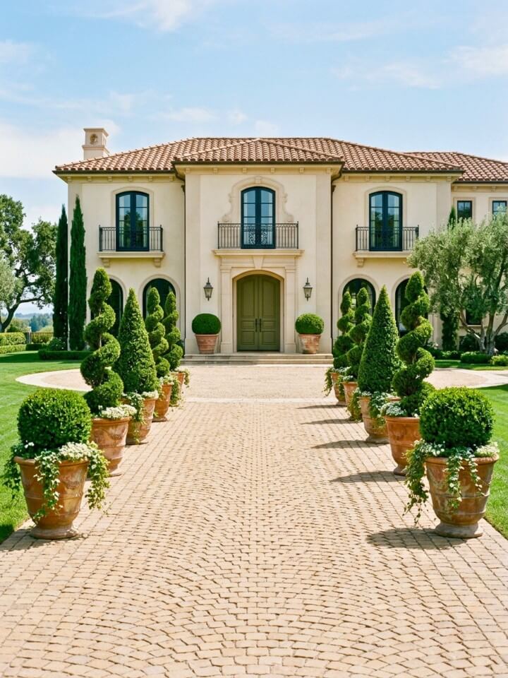 topiary spirals and cones for a timeless formal entry