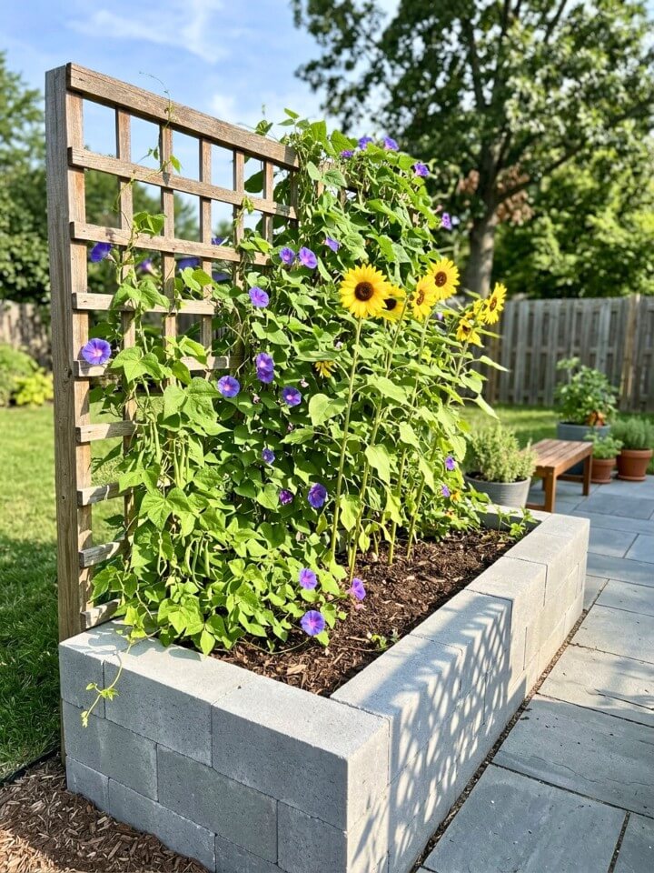 trellis supported raised bed using cinder blocks