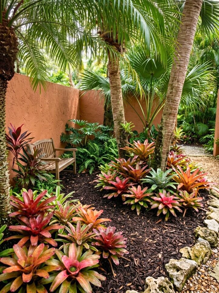tropical florida shade garden with bromeliads