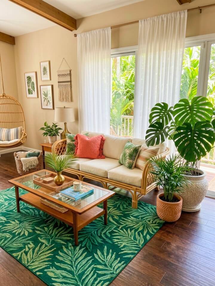 tropical oasis at home with dark hardwood