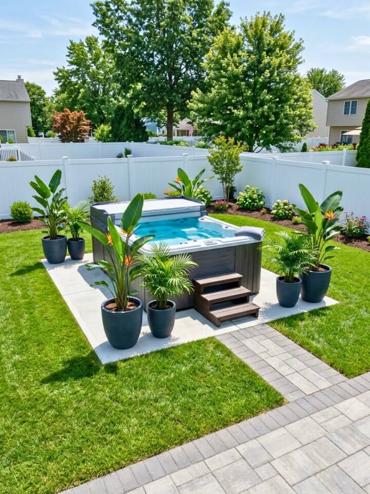 tropical plants around the swim spa corners