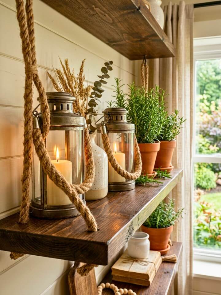 twine handled lanterns for shelves and mantels