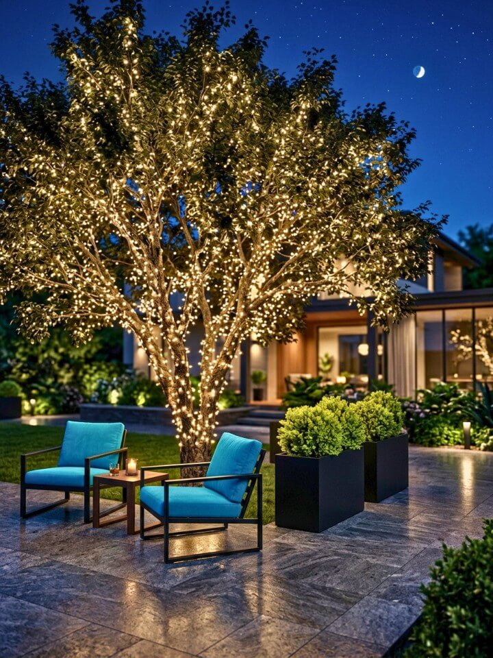 twinkling net lights draped over trees