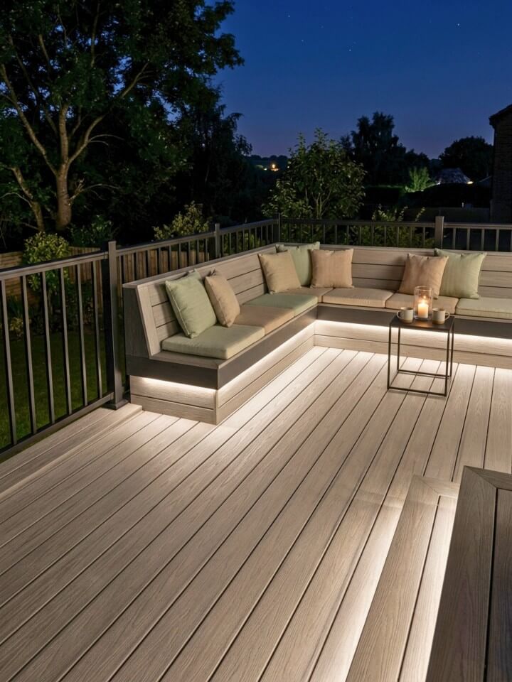under bench led strips creating ambient glow