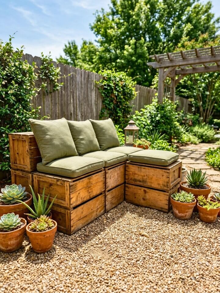 upcycled crate storage benches for a backyard patio on a budget