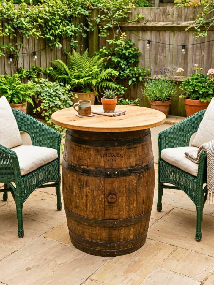 upcycled wine barrel table for rustic outdoor seating