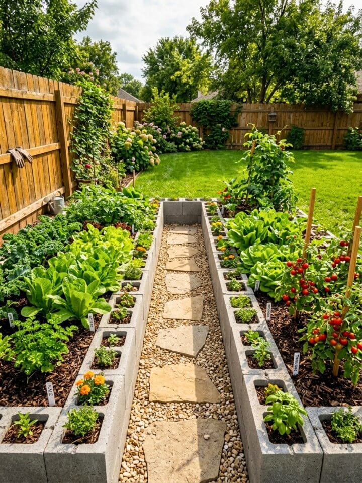 vegetable raised bed with built in path using cinder blocks