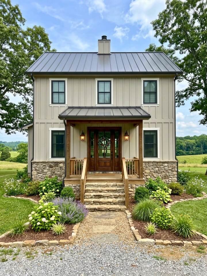 vertical siding with stone skirting