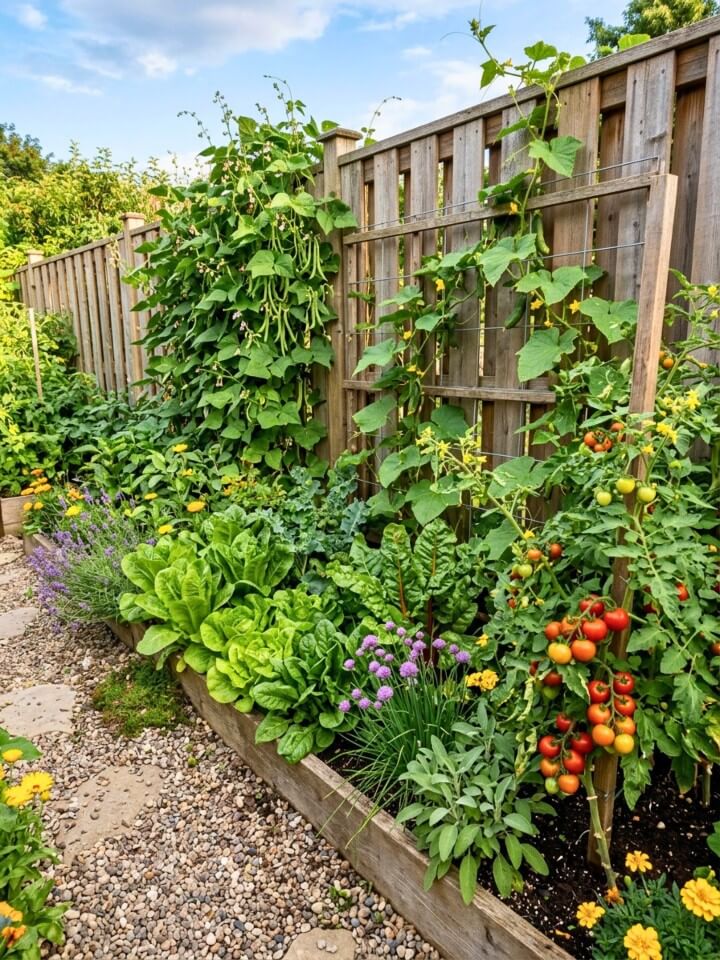 vertical slat fence with built in trellises