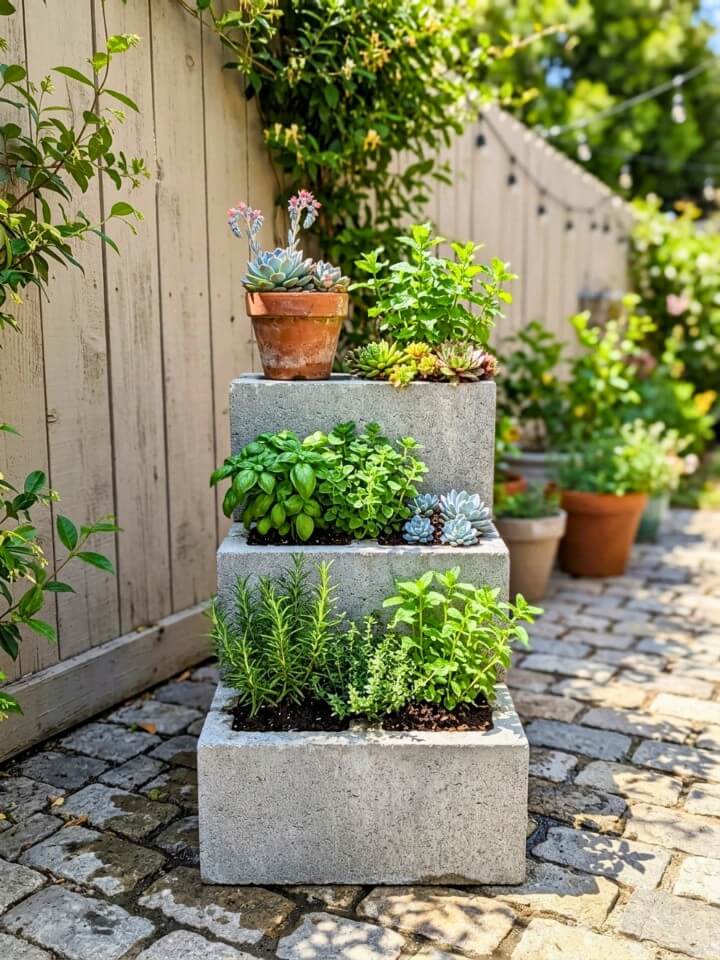 vertical stack cinder block planter for small spaces