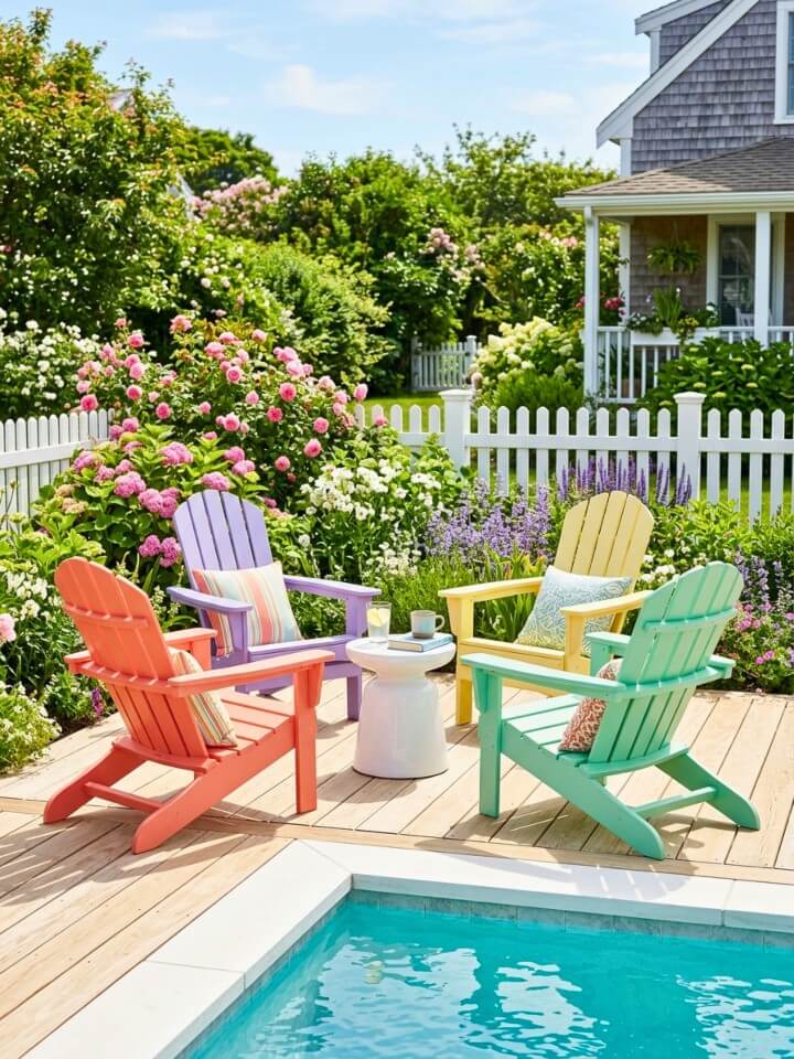 vibrant adirondack chairs to brighten your pool area