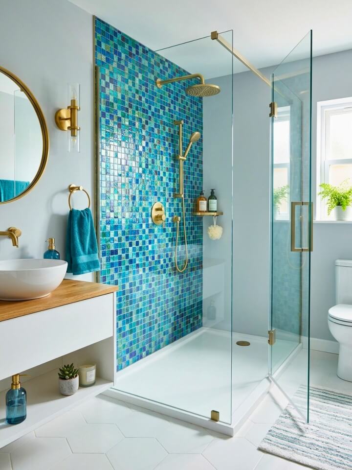 vibrant glass mosaic shower wall for a color pop