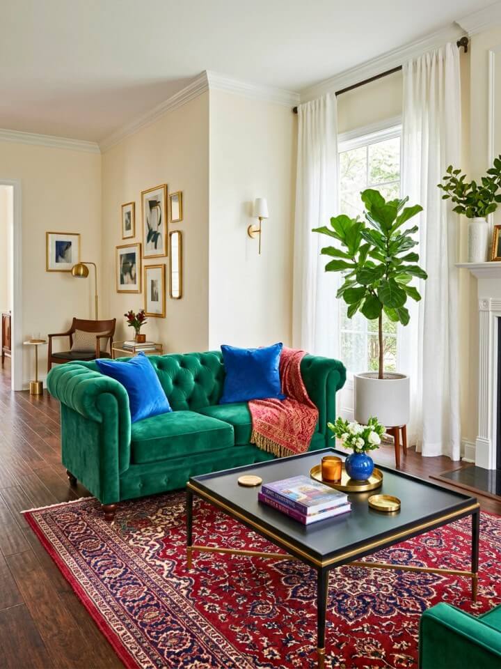 vibrant jewel tones living room with rich brown floors