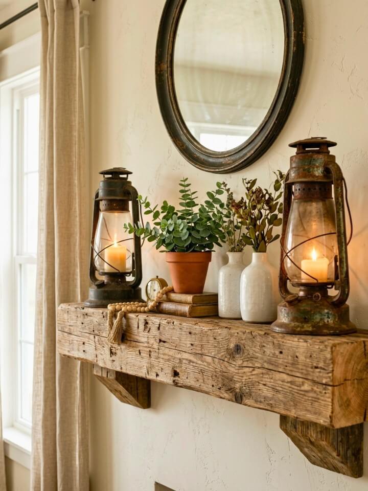 vintage lanterns on a farmhouse mantel