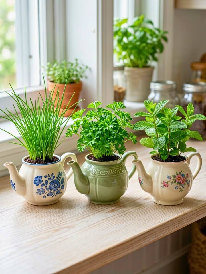 vintage teapots herb garden display