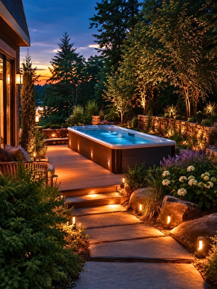 warm path lighting near the swim spa