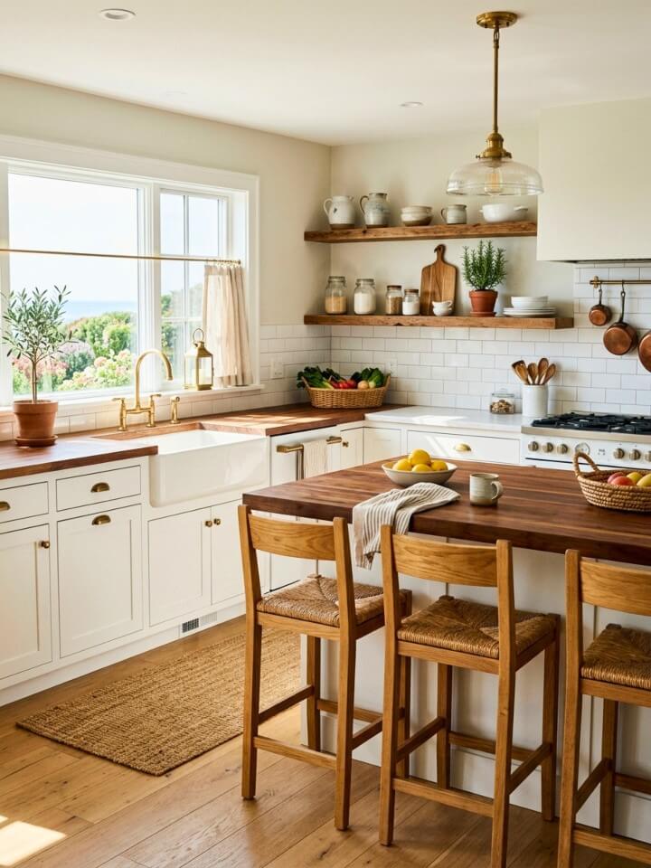 warm wood accents that balance a coastal look