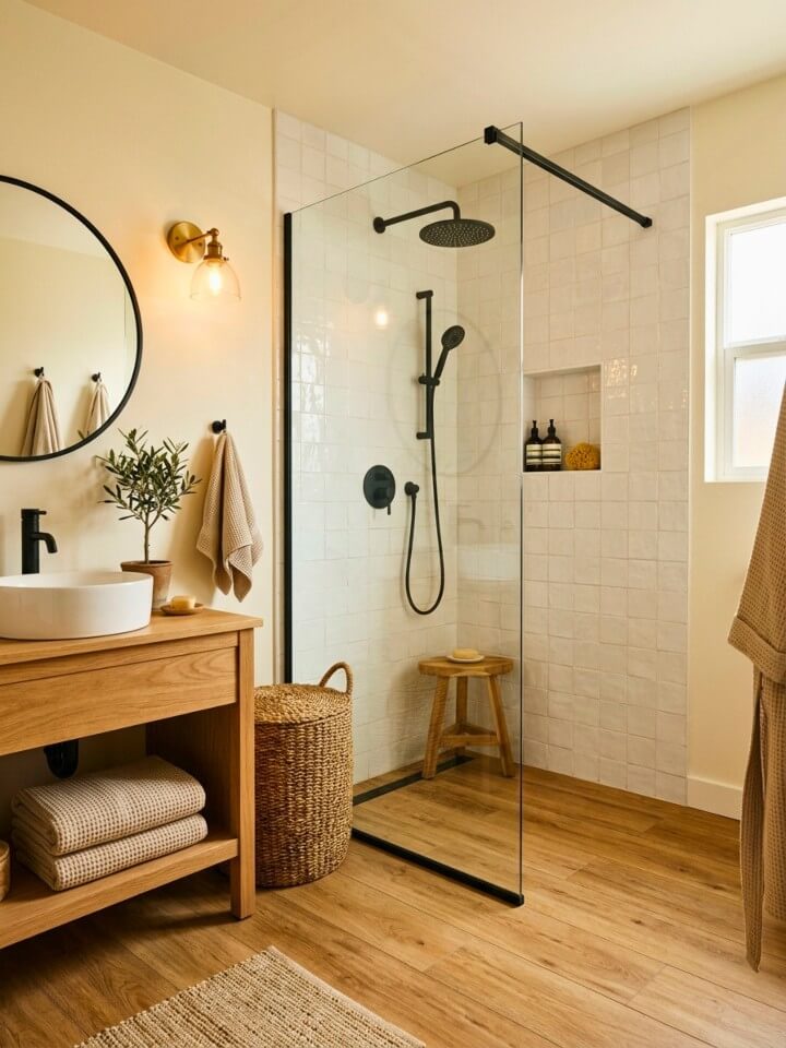warm wood look tile walk in shower