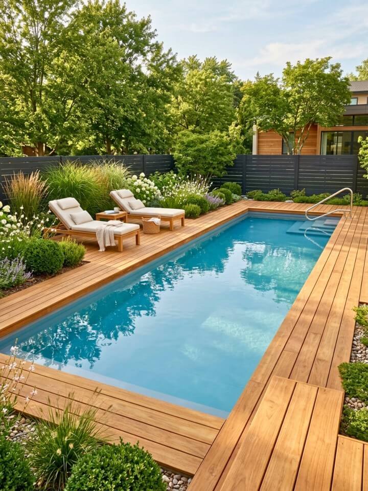 warm wooden decking around a rectangular pool